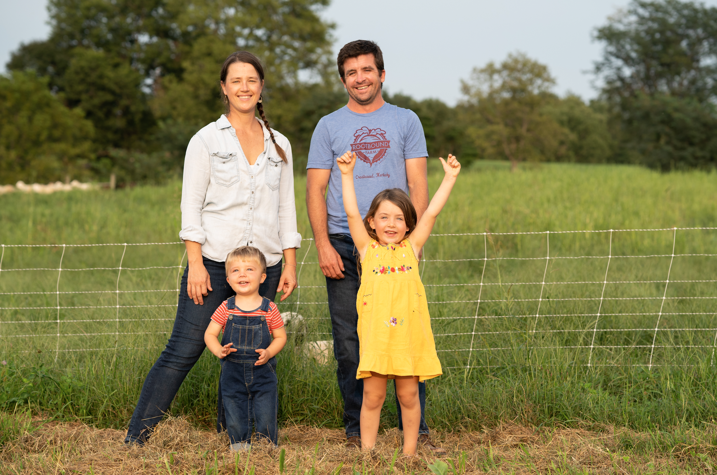 Rootbound founders, Bree Pearsall and Ben Abell, with their children on the farm.